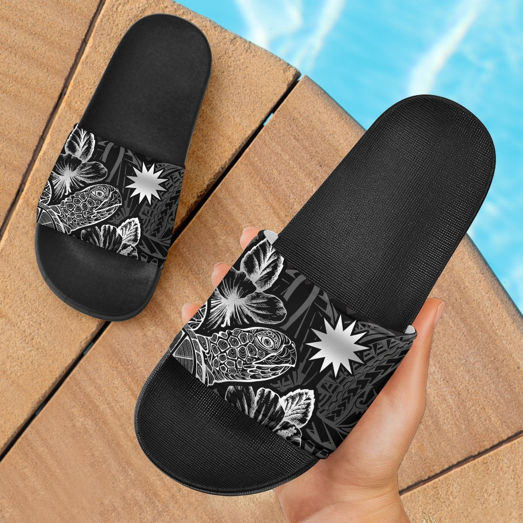 Nauru Slide Sandals - Turtle Hibiscus Pattern Black Black - Polynesian Pride