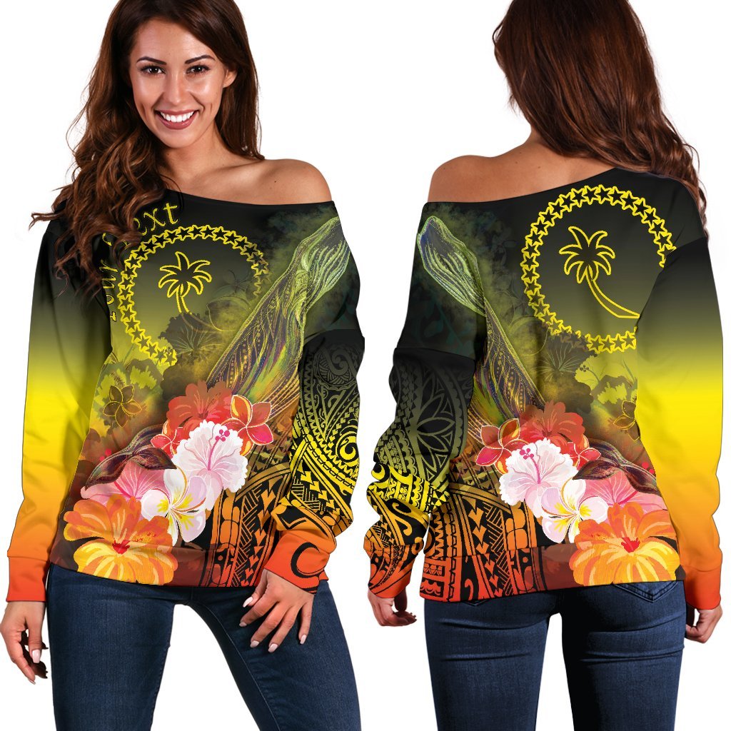 Custom Personalised Chuuk Women's Off Shoulder Sweater - Humpback Whale with Tropical Flowers (Yellow) Yellow - Polynesian Pride