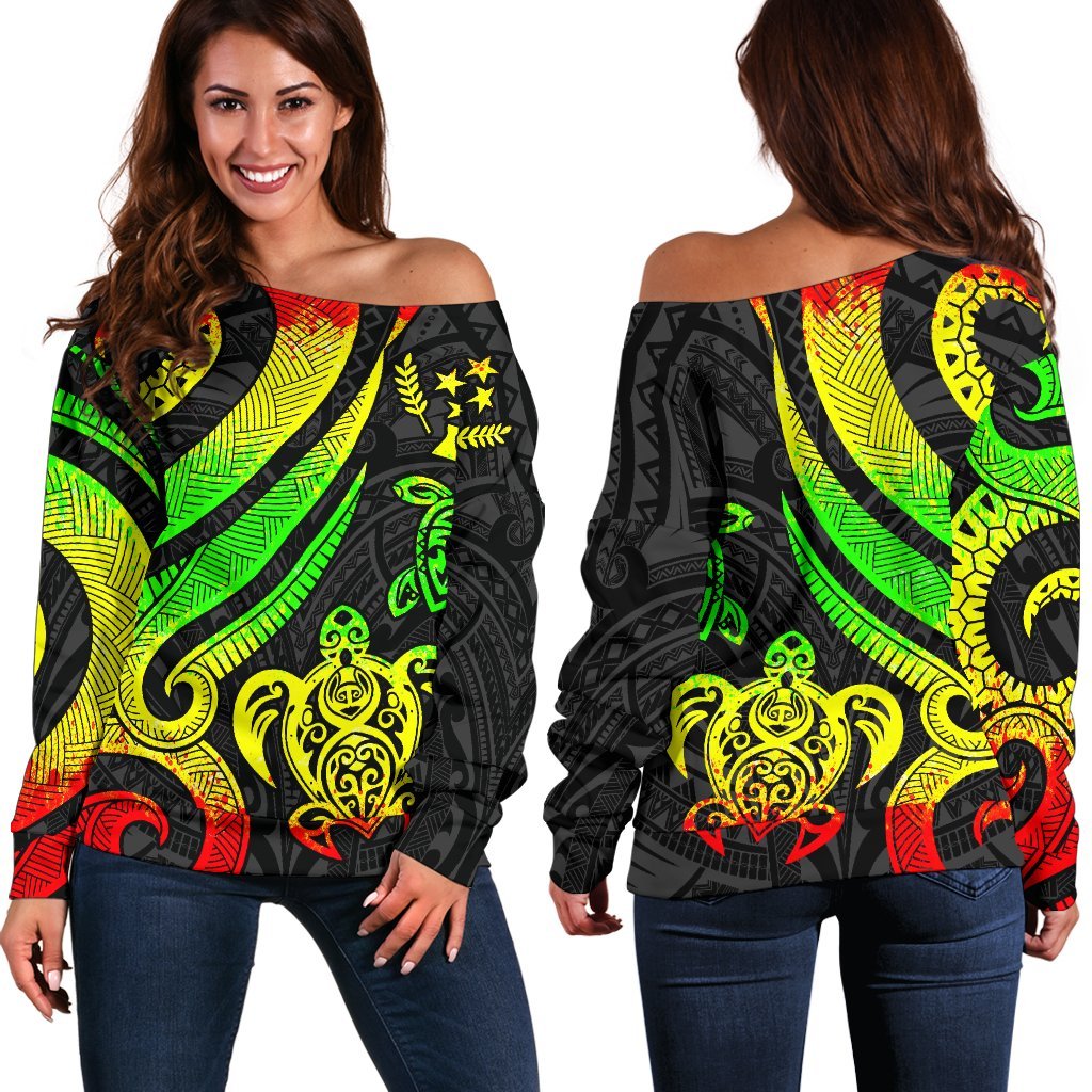 Kosrae Women Off Shoulder Sweater - Reggae Tentacle Turtle Art - Polynesian Pride