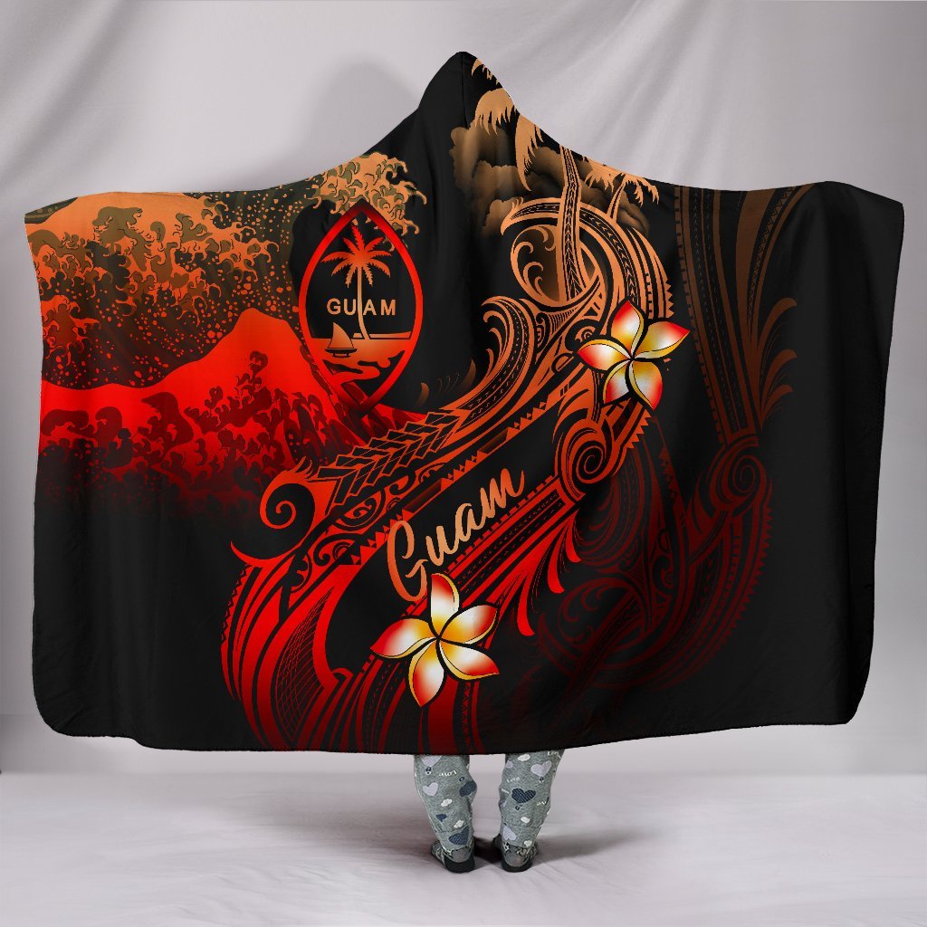 Guam Polynesian Hooded Blanket - Plumeria Flowers And Waves Hooded Blanket Red - Polynesian Pride