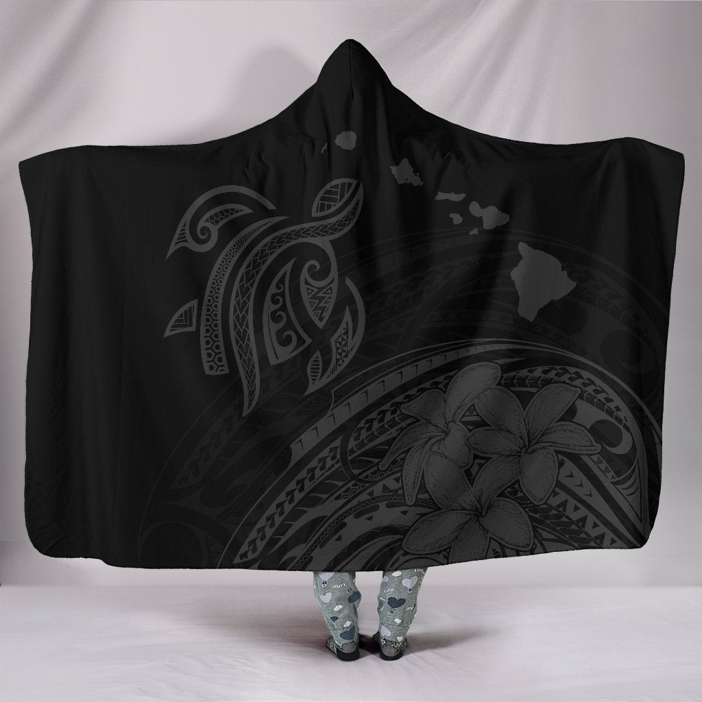 Hawaii Map Plumeria Polynesian Gray Turtle Hooded Blanket Hooded Blanket Gray - Polynesian Pride