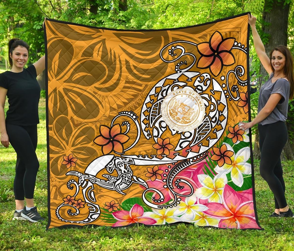 Hawaii Polynesian Premium Quilt - Hawaii Seal With Turtle Plumeria (Gold) Gold - Polynesian Pride