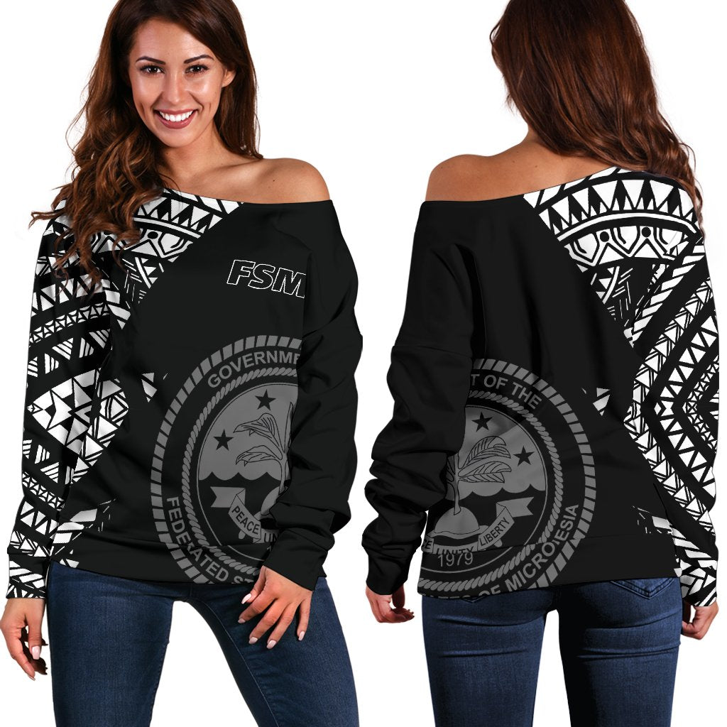 Federated States of Micronesia Pattern Women's Off Shoulder Sweater Black - Polynesian Pride