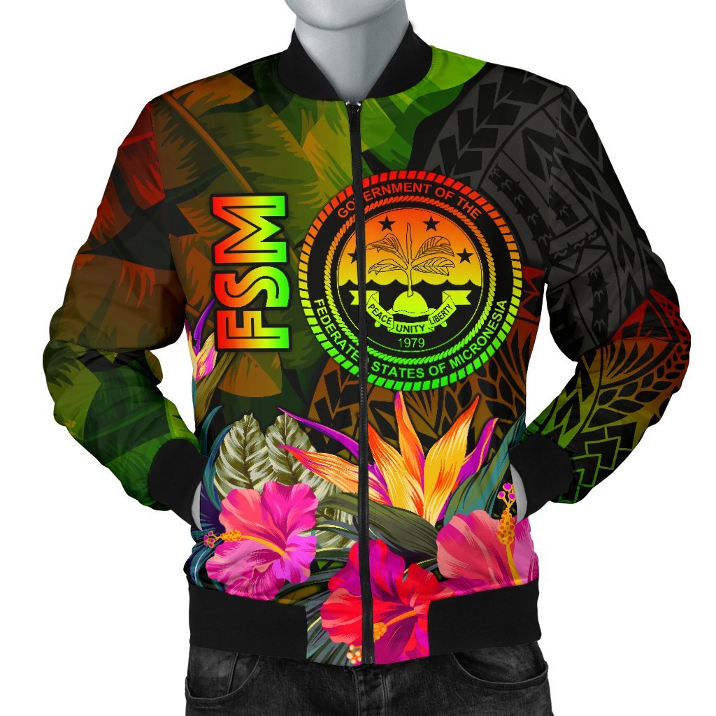 Federated States of Micronesia Polynesian Men's Bomber Jacket - Hibiscus and Banana Leaves Reggae - Polynesian Pride