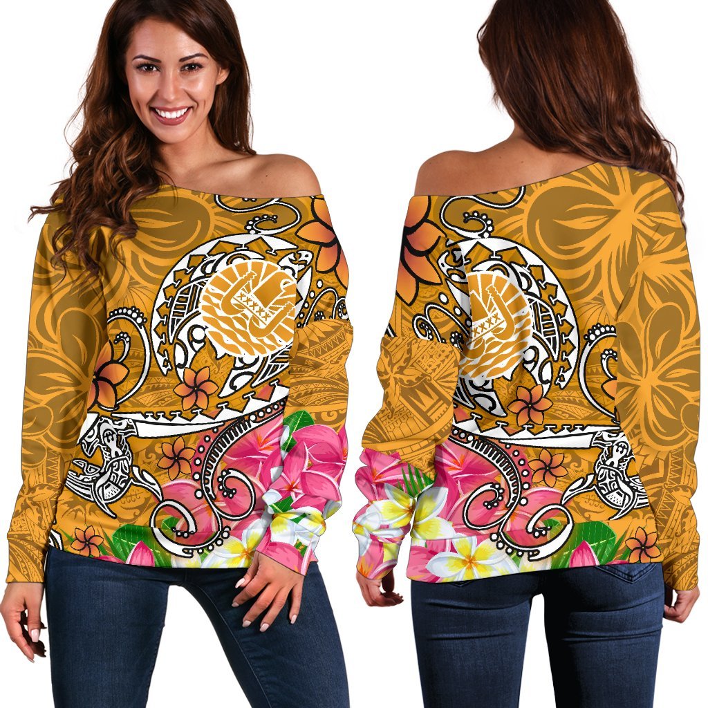 Tahiti Women's Off Shoulder Sweater - Turtle Plumeria (Gold) Gold - Polynesian Pride