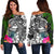 American Samoa Off Shoulder Sweater - Turtle Plumeria Banana Leaf Black - Polynesian Pride