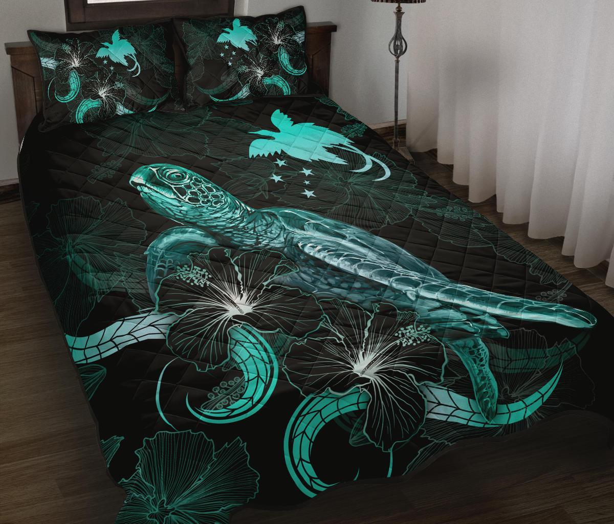 Papua New Guinea Polynesian Quilt Bed Set - Turtle With Blooming Hibiscus Turquoise Turquoise - Polynesian Pride