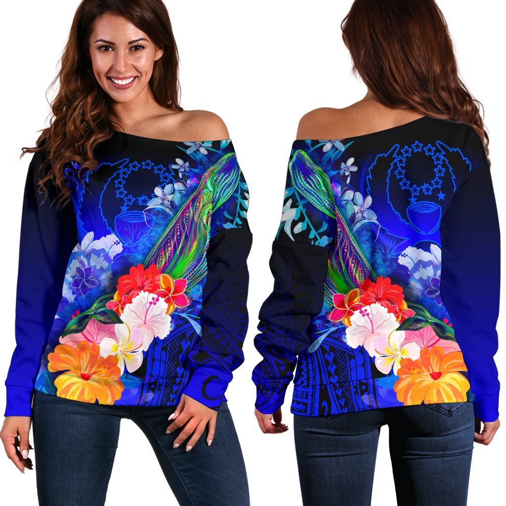 Pohnpei Women's Off Shoulder Sweater - Humpback Whale with Tropical Flowers (Blue) Blue - Polynesian Pride