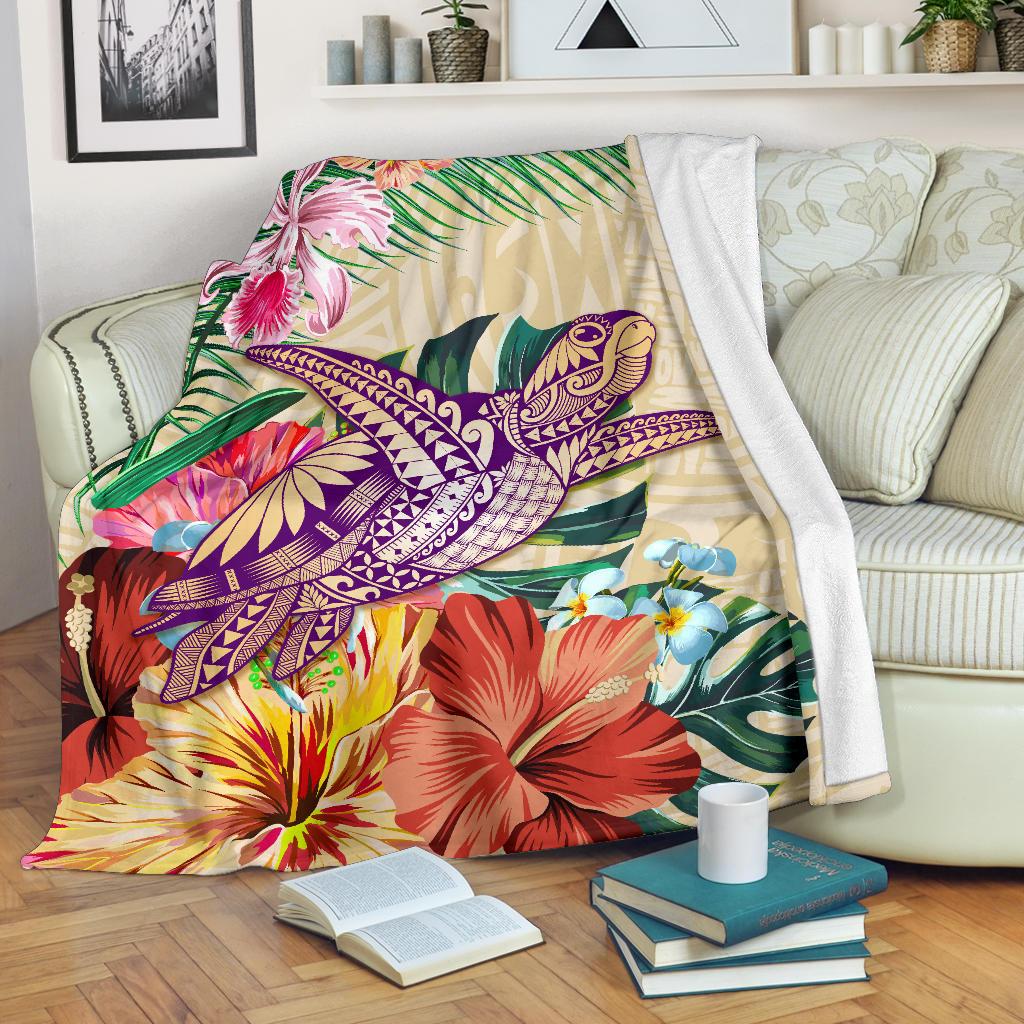 Hawaii Tropical Hibiscus Plumeria Turtle Beige Premium Blanket White - Polynesian Pride