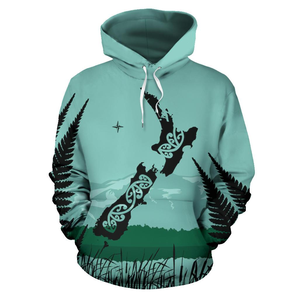 New Zealand Maori Map With Silver Fern Hoodie Unisex Mint - Polynesian Pride