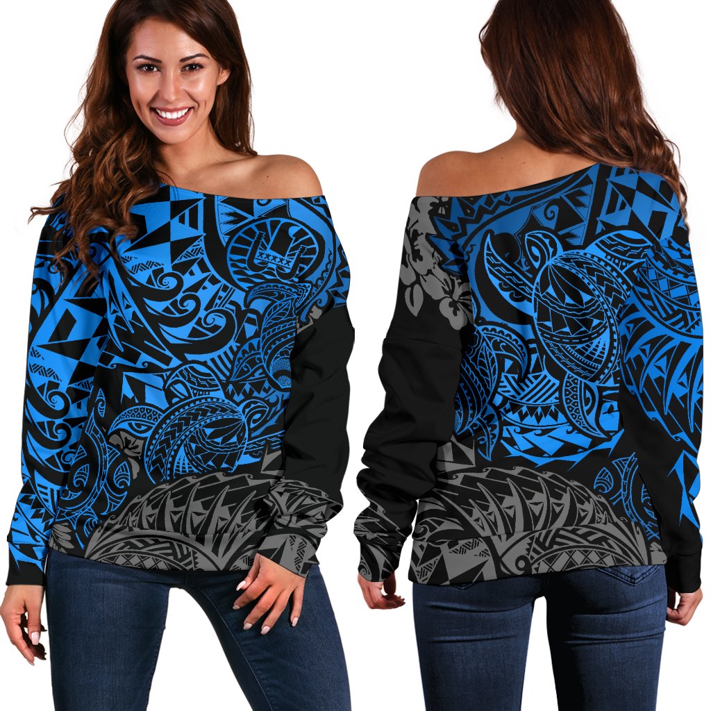 Tahiti Polynesian Women Off Shoulder Sweater - Blue Turtle Hibiscus Flowing BLUE - Polynesian Pride