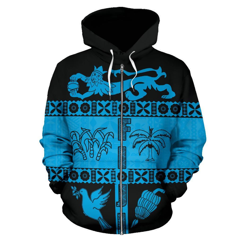 Fiji Tapa Zip Hoodie Coat of Arms Shield Style Unisex Blue - Polynesian Pride