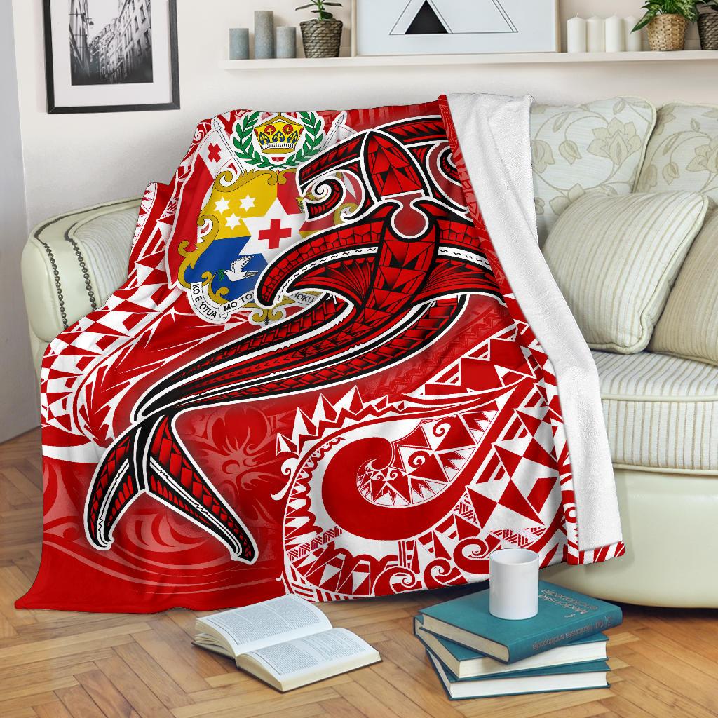 Tonga Premium Blanket - Red Shark Polynesian Tattoo White - Polynesian Pride