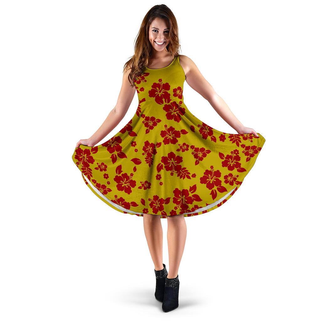 Polynesian Midi Dress - Yellow Red Hibiscus Women Yellow - Red - Polynesian Pride