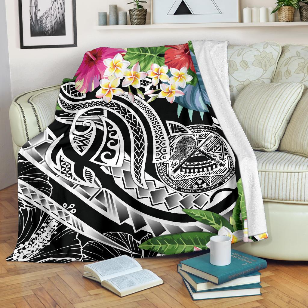 Polynesian American Samoa Premium Blanket - Summer Plumeria (Black) White - Polynesian Pride