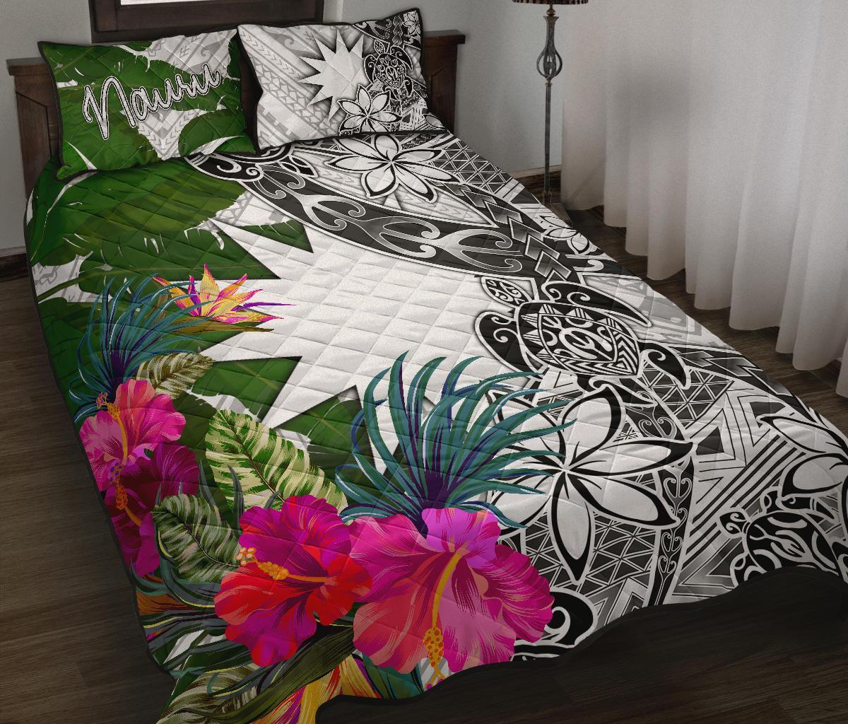 Nauru Quilt Bed Set White - Turtle Plumeria Banana Leaf White - Polynesian Pride