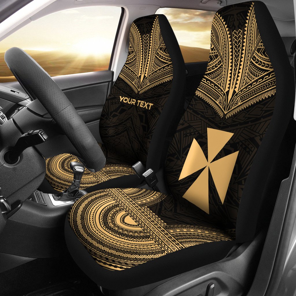 Wallis And Futuna Custom Personalised Car Seat Cover - Wallis And Futuna Coat Of Arms Polynesian Chief Tattoo Gold Version Universal Fit Gold - Polynesian Pride