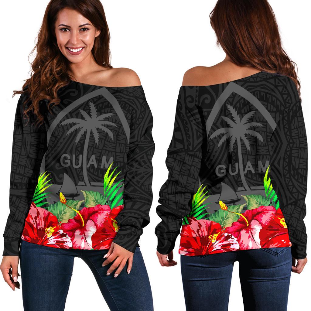 Guam Polynesian Women's Off Shoulder Sweater Black Hibiscus Black - Polynesian Pride