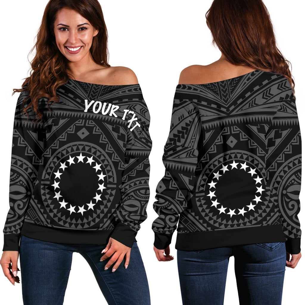 Cook Island Personalised Women's Off Shoulder Sweater - Seal With Polynesian Tattoo Style ( Black) - Polynesian Pride