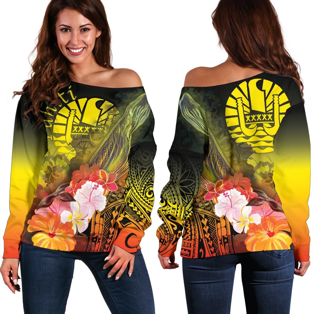 Tahiti Women's Off Shoulder Sweater - Humpback Whale with Tropical Flowers (Yellow) Yellow - Polynesian Pride