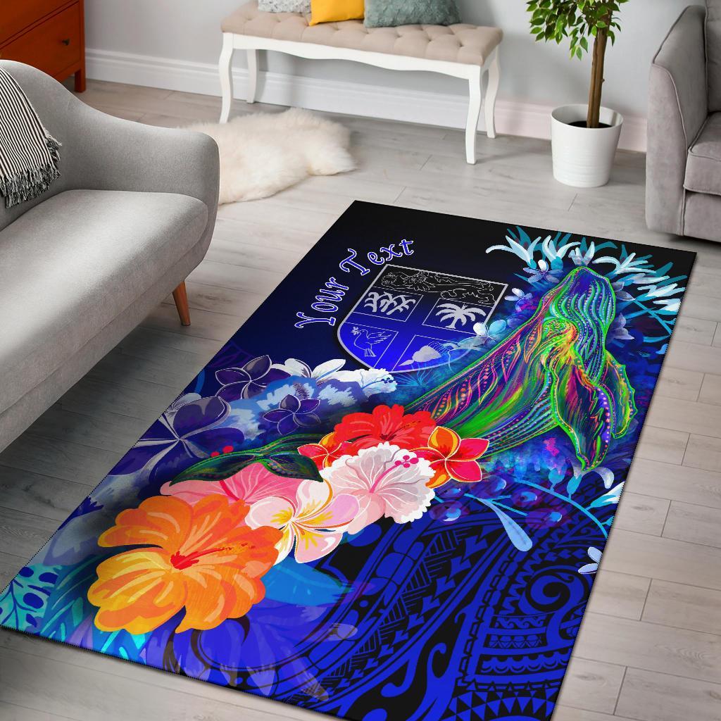 Fiji Custom Personalised Area Rug - Humpback Whale with Tropical Flowers (Blue) Blue - Polynesian Pride