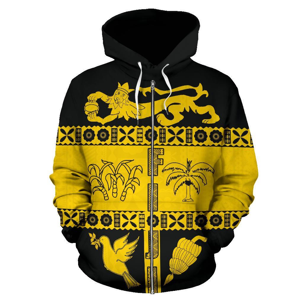 Fiji Tapa Zip Hoodie Coat of Arms Shield Yellow Unisex Yellow - Polynesian Pride