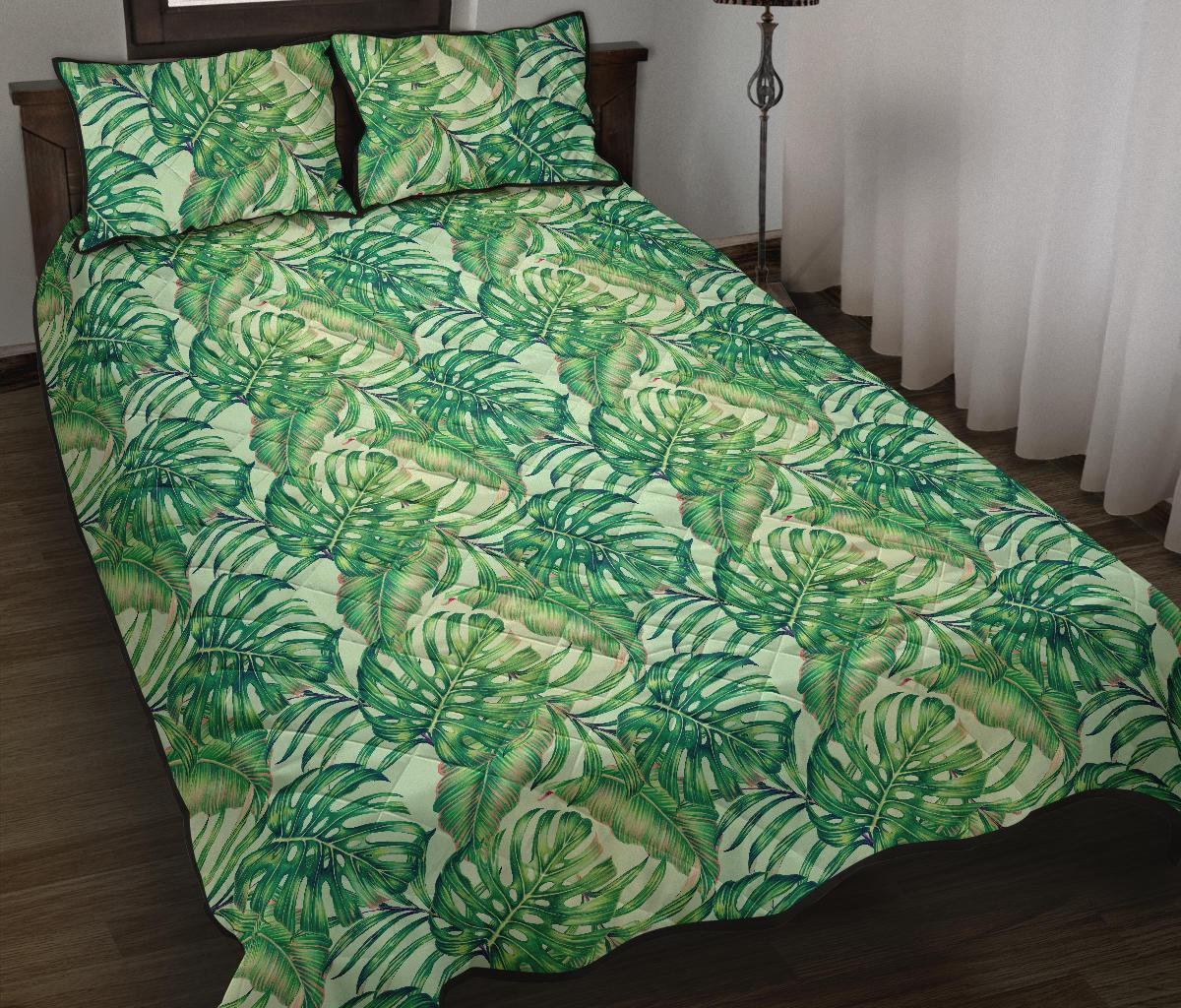 Hawaii Quilt Bed Set Tropical Leaves Jungle Monstera Leaf AH Black - Polynesian Pride