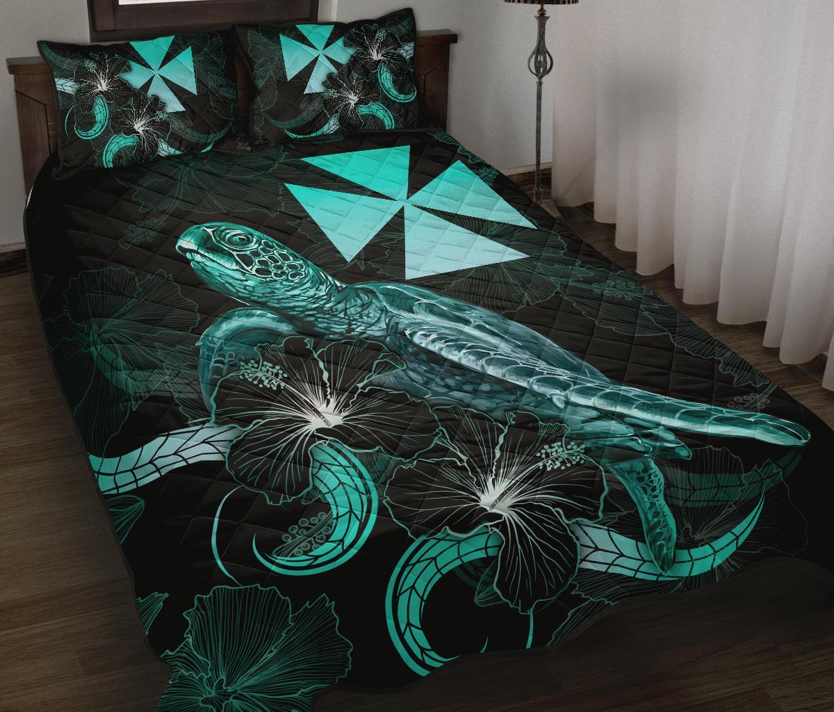 Wallis and Futuna Polynesian Quilt Bed Set - Turtle With Blooming Hibiscus Turquoise Turquoise - Polynesian Pride