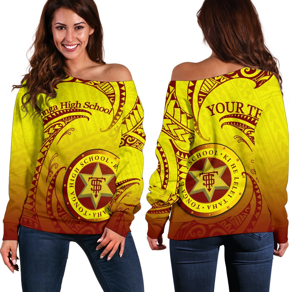 (Custom Personalised)Tonga High School Women's Off Shoulder Sweater Special Polynesian No.2 Yellow - Polynesian Pride