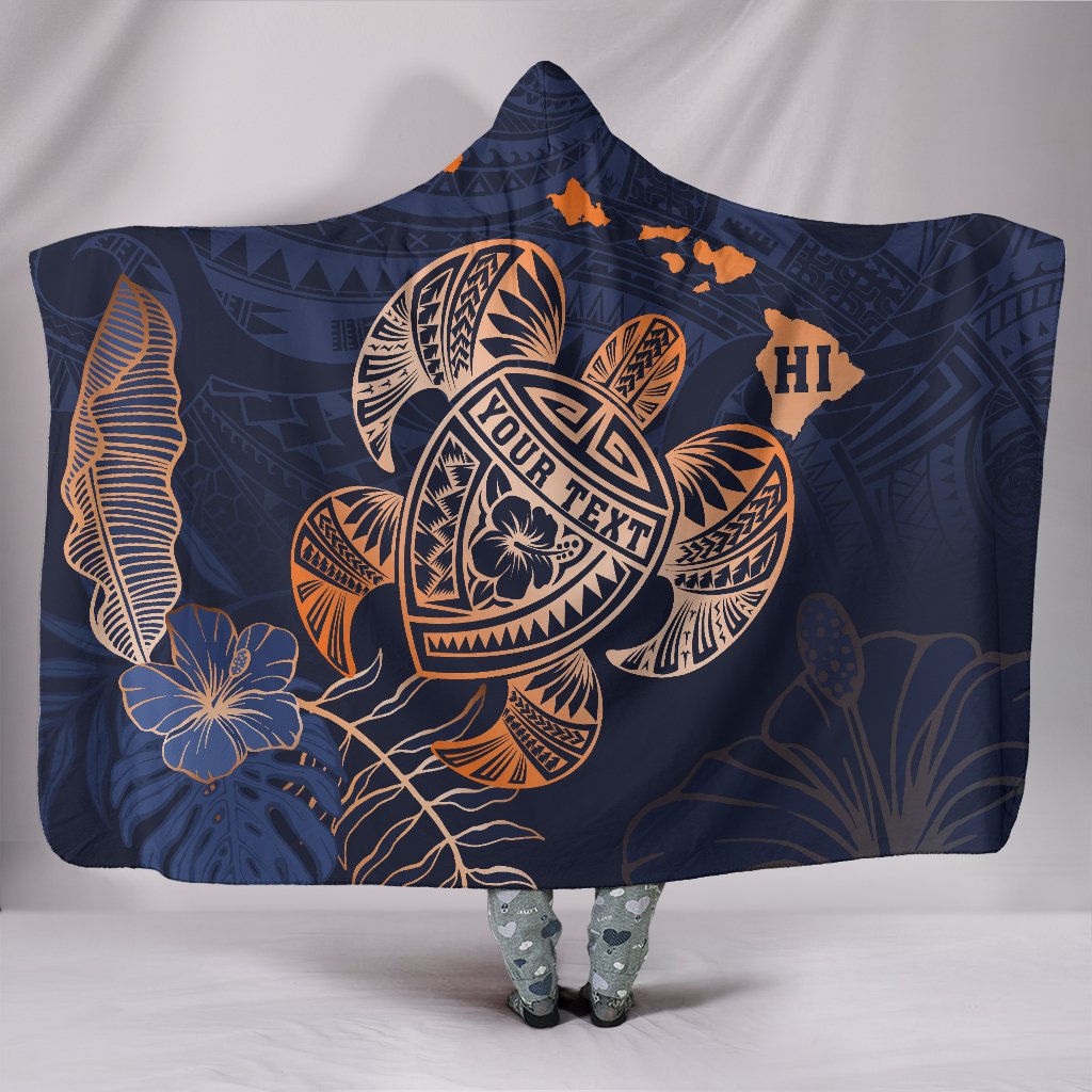 Personalized - Hawaii Kakau Polynesian Turtle Map Hooded Blanket - Indigo Hooded Blanket Blue - Polynesian Pride