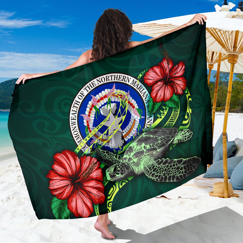 Northern Mariana Islands Polynesian Sarong - Green Turtle Hibiscus Women One Size Green - Polynesian Pride