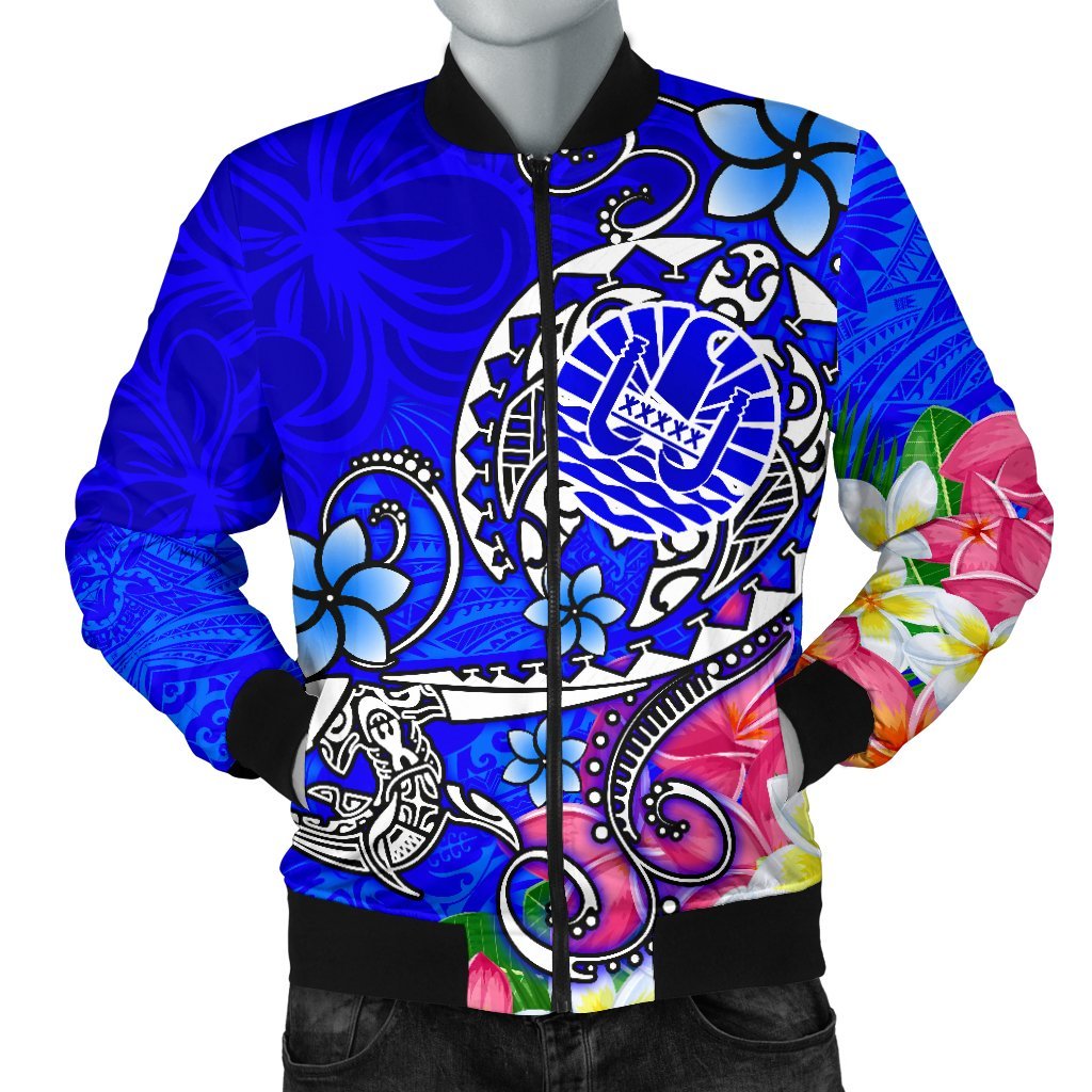 Tahiti Men's Bomber Jacket - Turtle Plumeria (Blue) Blue - Polynesian Pride