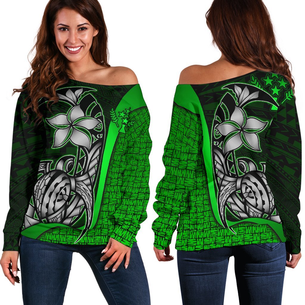 Kosrae Micronesia Women Off Shoulder Sweater Green - Turtle With Hook Green - Polynesian Pride