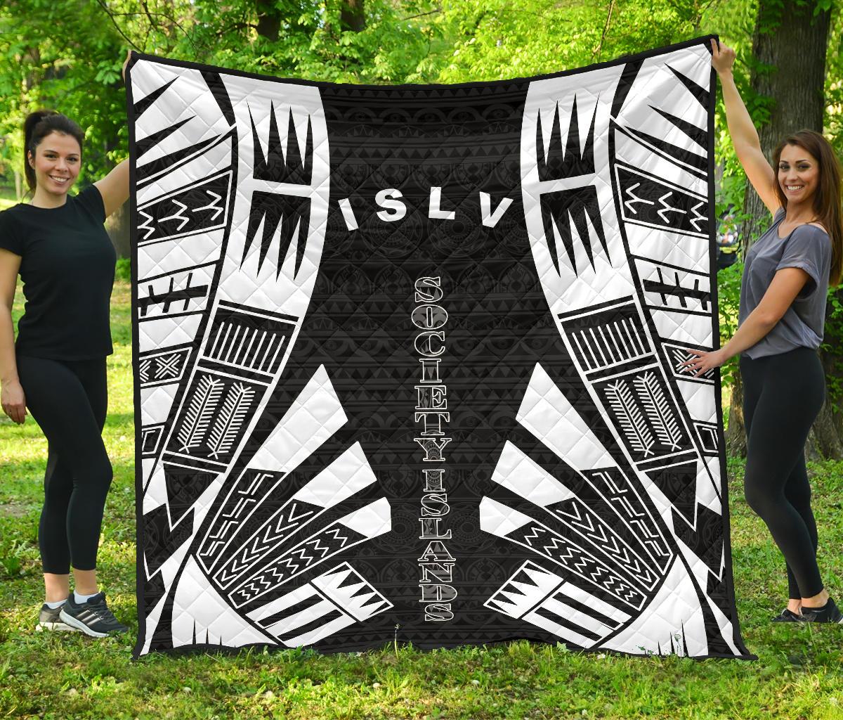 Society Islands Premium Quilt - Society Islands Flag Polynesian White Tattoo Black - Polynesian Pride