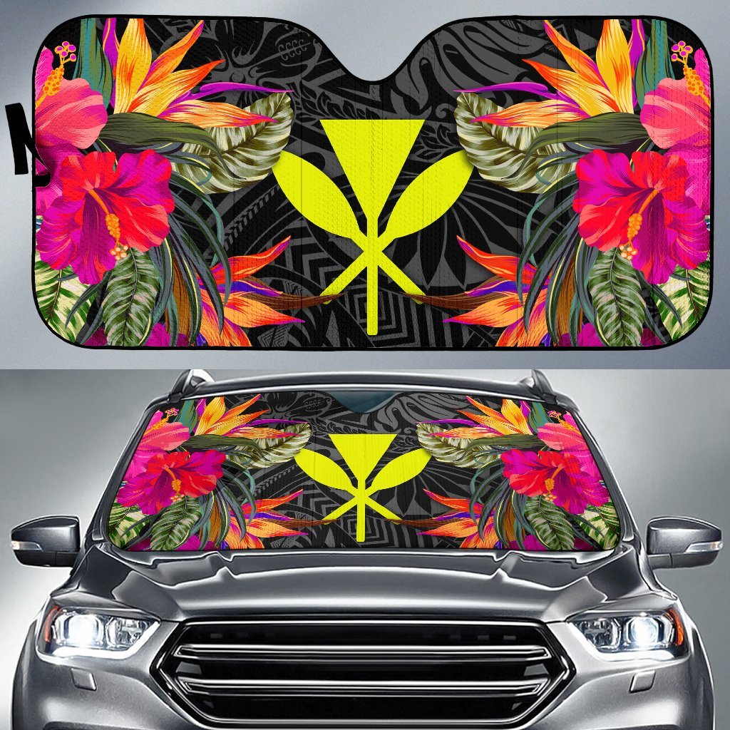 Hawaii Auto Sun Shades - Hibiscus Pattern Auto Sun Shade Universal Fit Black - Polynesian Pride