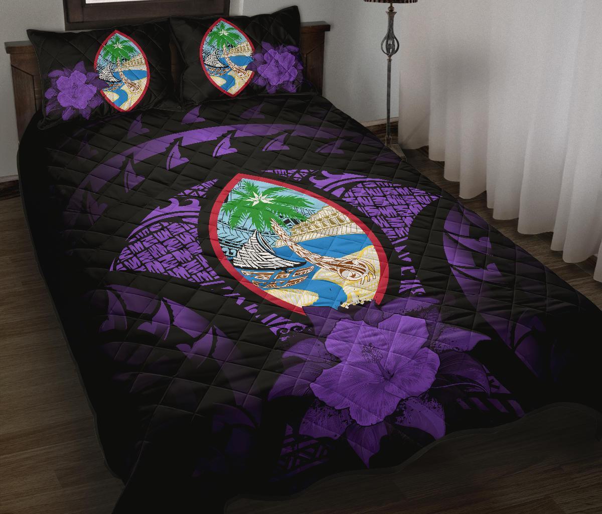 Guam Polynesian Quilt Bed Set Hibiscus Purple Black - Polynesian Pride