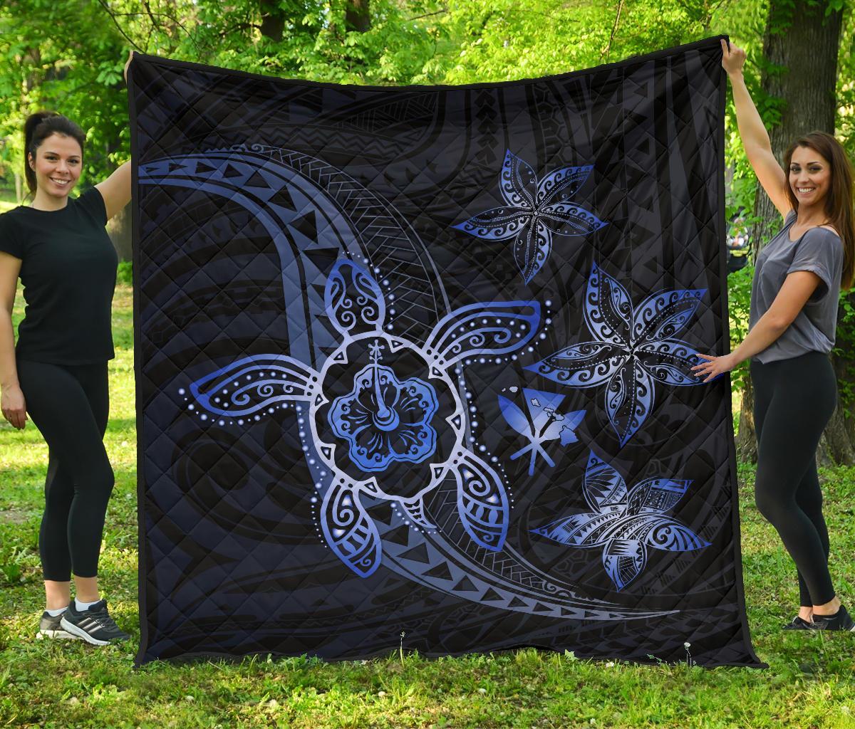 Kanaka Map Hibiscus Plumeria Turtle Art Blue Polynesian Premium Quilt Blue - Polynesian Pride