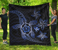 Kanaka Map Hibiscus Plumeria Turtle Art Blue Polynesian Premium Quilt Blue - Polynesian Pride