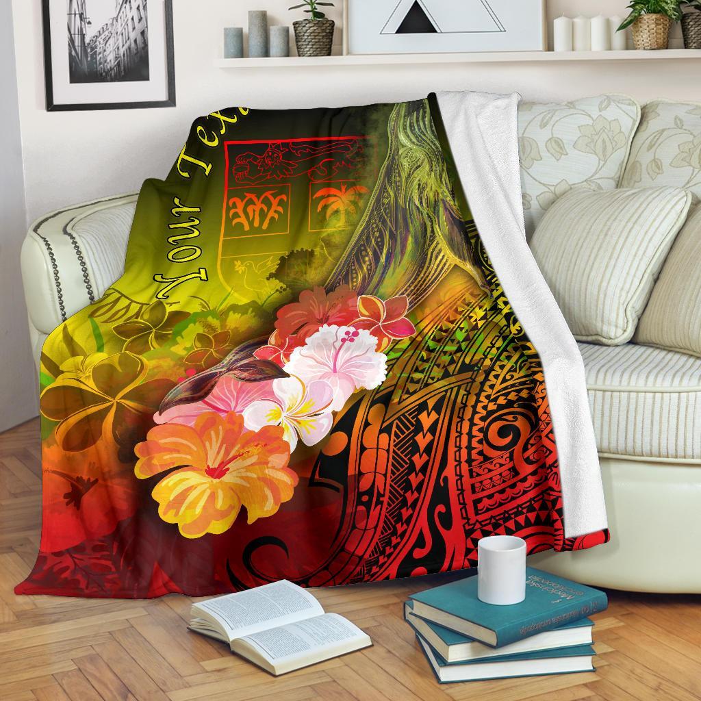 Fiji Custom Personalised Premium Blanket - Humpback Whale with Tropical Flowers (Yellow) White - Polynesian Pride