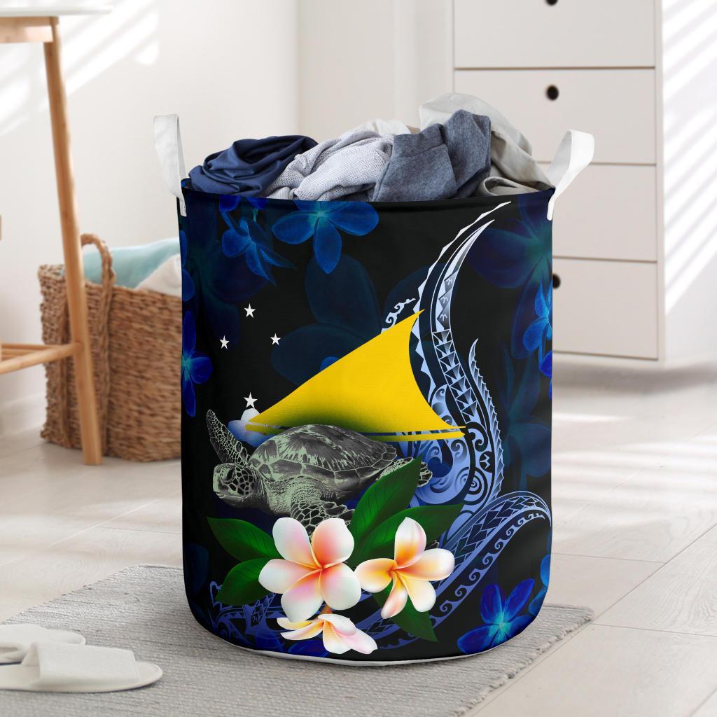 Tokelau Polynesian Laundry Basket - Turtle With Plumeria Flowers One Style One Size Blue - Polynesian Pride