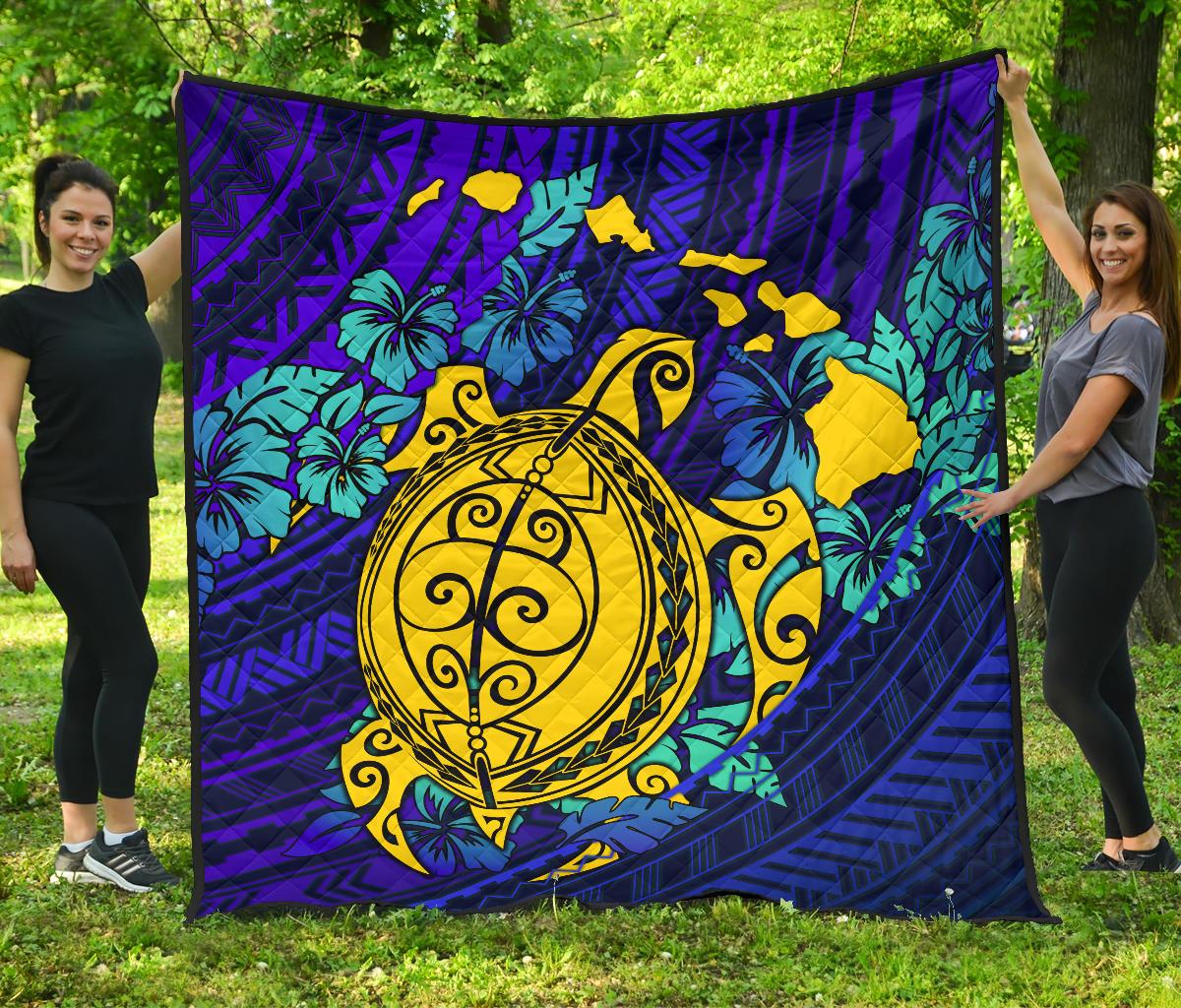 Hawaii Polynesian Premium Quilt - Hawaii Yellow Turtle Map & Torquoise Hibiscus - Polynesian Pride