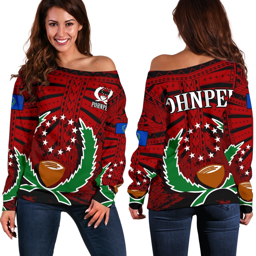 Pohnpei Special Women's Off Shoulder Sweater (Red) Z2 Red - Polynesian Pride