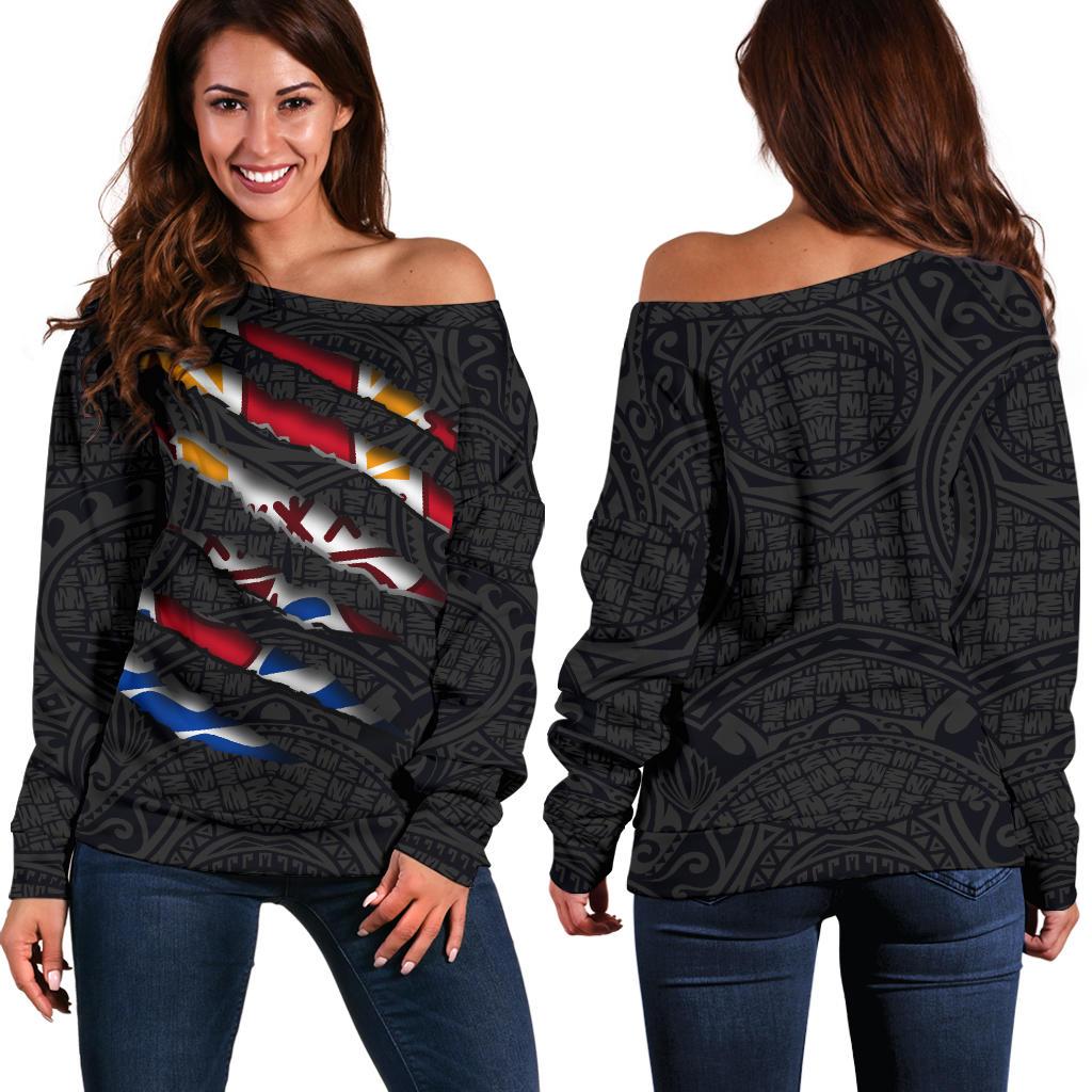 French Polynesia Women's Off Shoulder Sweater - Scratch Style Black - Polynesian Pride