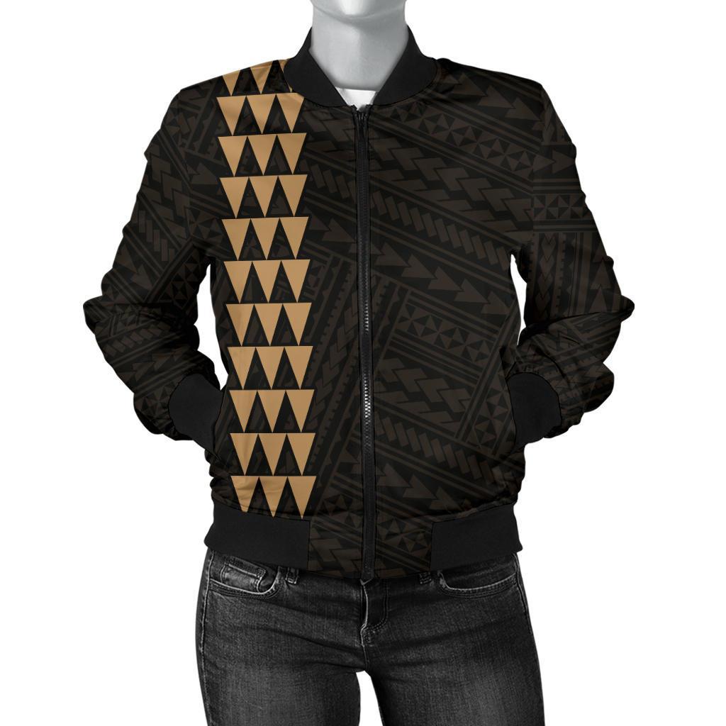 Hawaii Kakau Polynesian Hammerhead Shark Women's Bomber Jacket - Gold Gold - Polynesian Pride