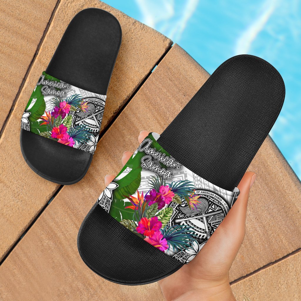 American Samoa Slide Sandals - Turtle Plumeria Banana Leaf Black - Polynesian Pride