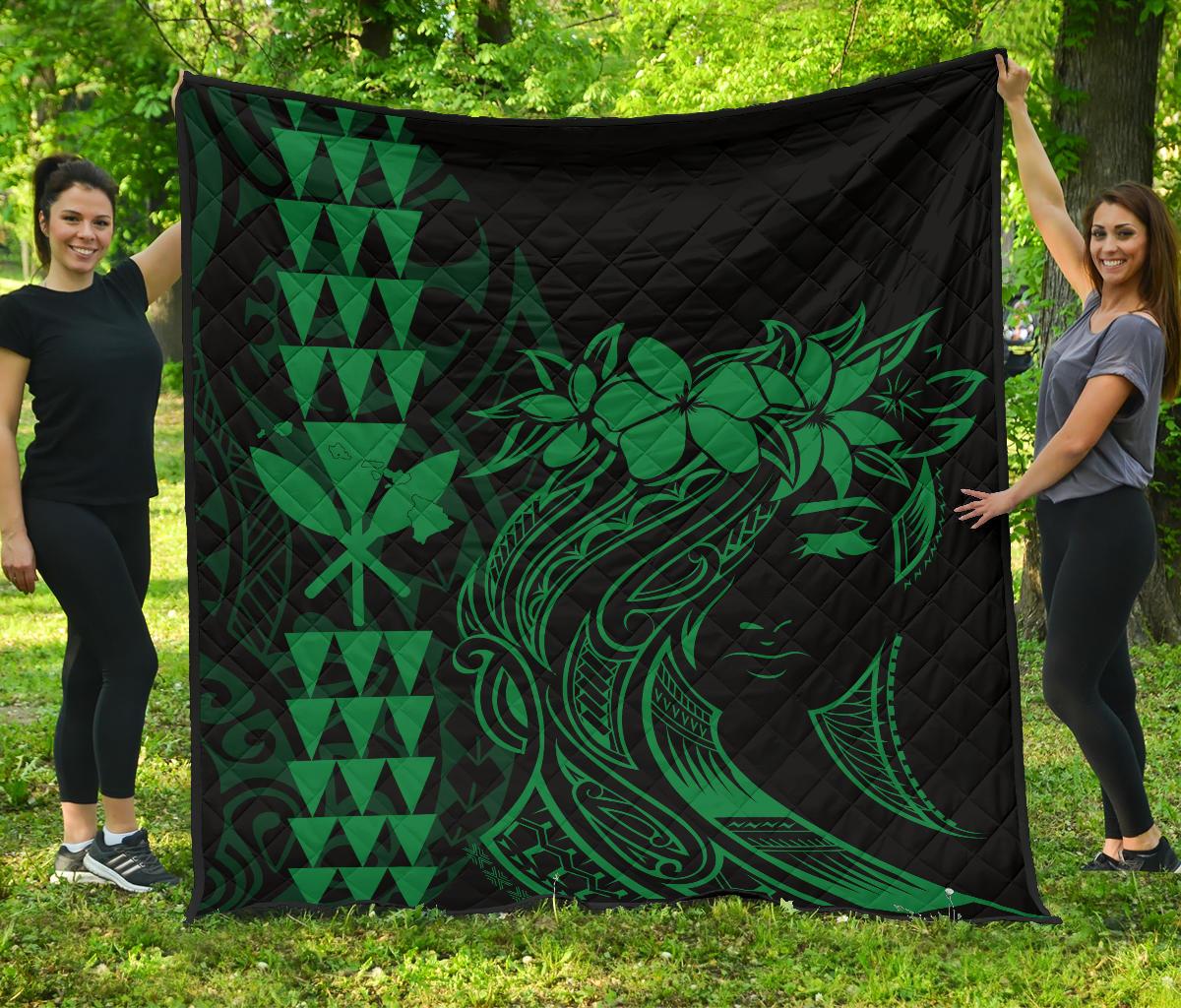 Hawaii Map Kanaka Polynesian Hula Girl Premium Quilt - Green Green - Polynesian Pride