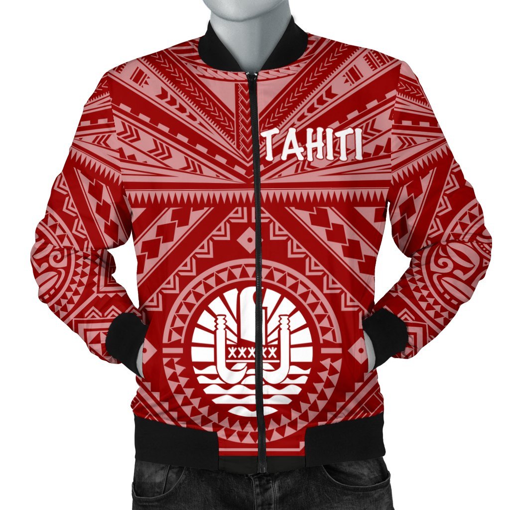 Tahiti Men's Bomber Jacket - Tahiti Seal In Polynesian Tattoo Style (Red) Red - Polynesian Pride