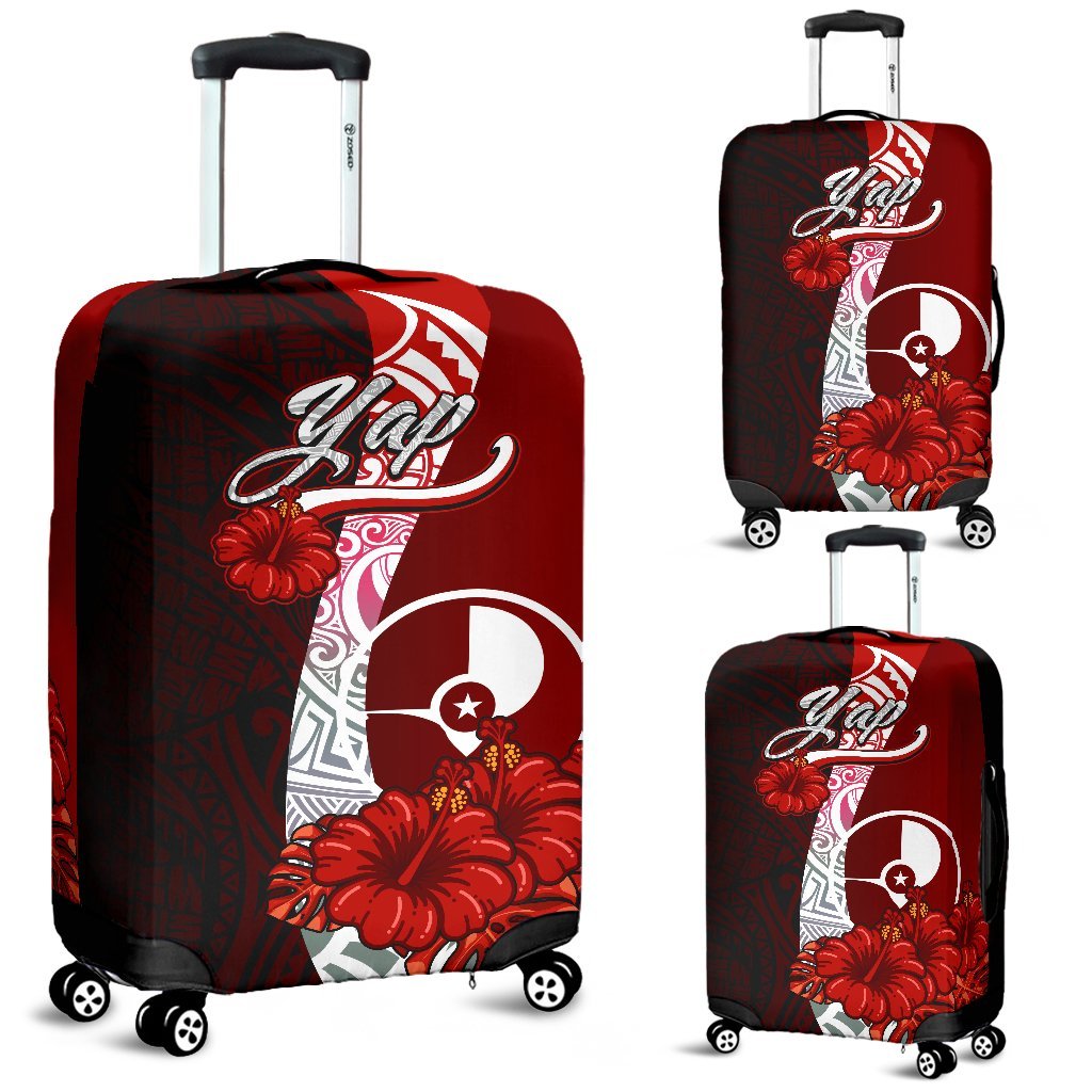 Yap Polynesian Luggage Covers - Coat Of Arm With Hibiscus Red - Polynesian Pride