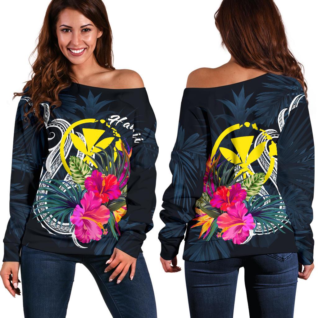 Hawaii Polynesian Women's Off Shoulder Sweater - Tropical Flower Blue - Polynesian Pride