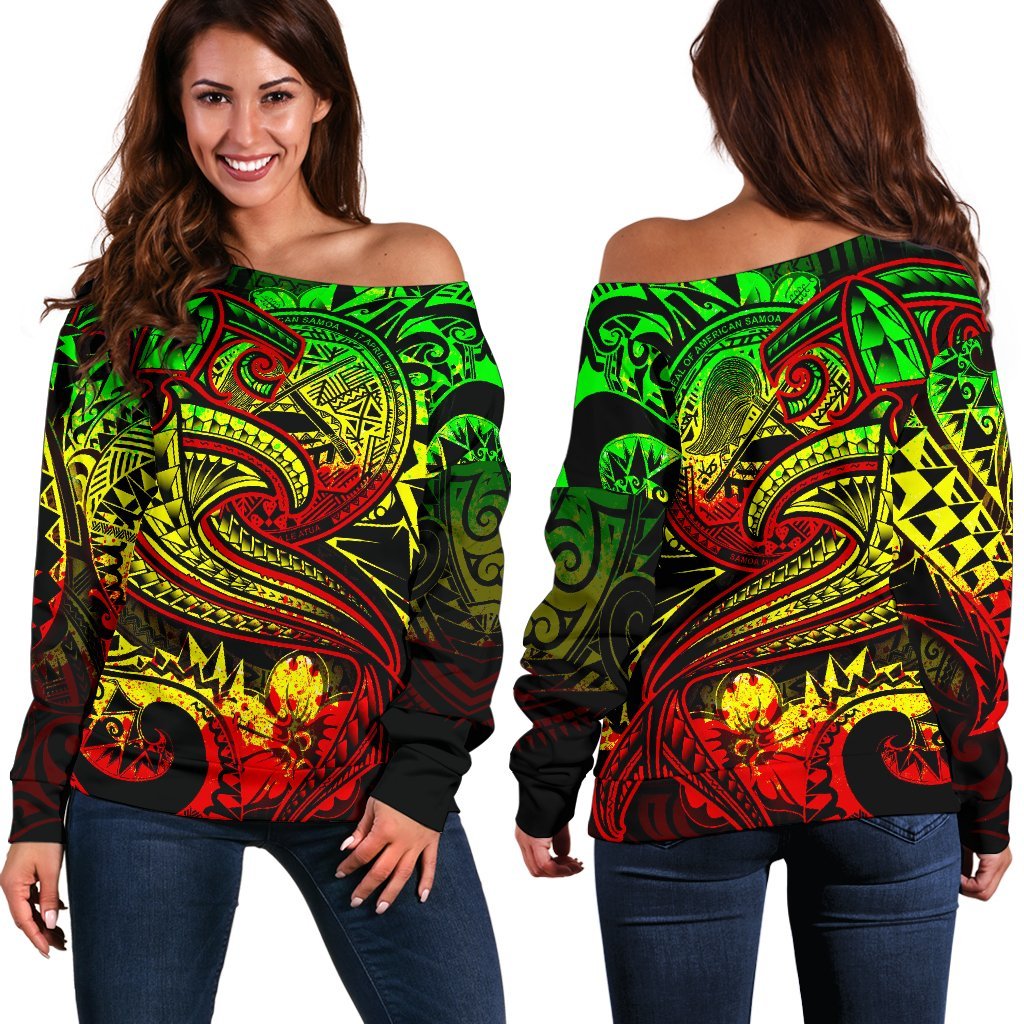 American Samoa Polynesian Women's Off Shoulder Sweater - Reggae Shark Polynesian Tattoo Art - Polynesian Pride